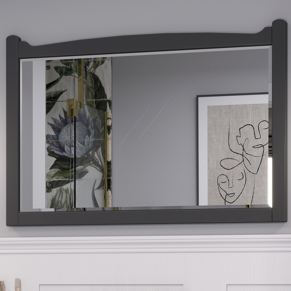product lifestyle image of Burlington Guild Ashbee Grey 850mm x 570mm Bathroom Mirror close up with picture reflecting in it GU8557AG